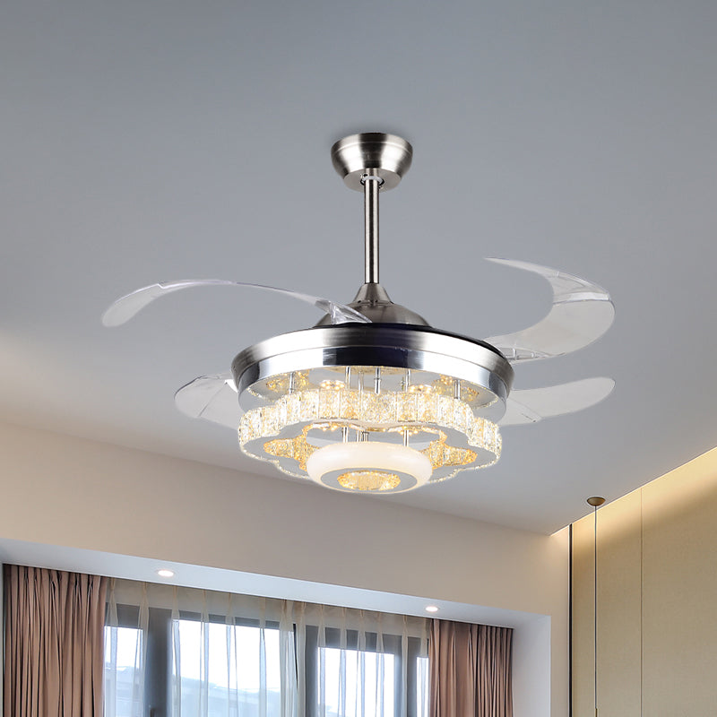 4-Blade Crystal Blossom Fan Lamp Modernism Dining Table 42.5" Wide LED Semi Flush Ceiling Light in Chrome Clearhalo 'Ceiling Fans with Lights' 'Ceiling Fans' 'Modern Ceiling Fans' 'Modern' Lighting' 917742