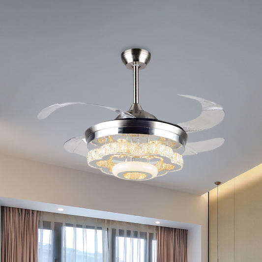 4-Blade Crystal Blossom Fan Lamp Modernism Dining Table 42.5" Wide LED Semi Flush Ceiling Light in Chrome Clearhalo 'Ceiling Fans with Lights' 'Ceiling Fans' 'Modern Ceiling Fans' 'Modern' Lighting' 917742