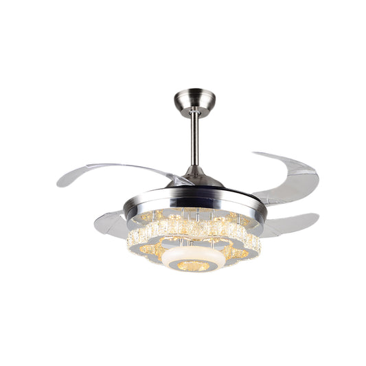 4-Blade Crystal Blossom Fan Lamp Modernism Dining Table 42.5" Wide LED Semi Flush Ceiling Light in Chrome Clearhalo 'Ceiling Fans with Lights' 'Ceiling Fans' 'Modern Ceiling Fans' 'Modern' Lighting' 917743