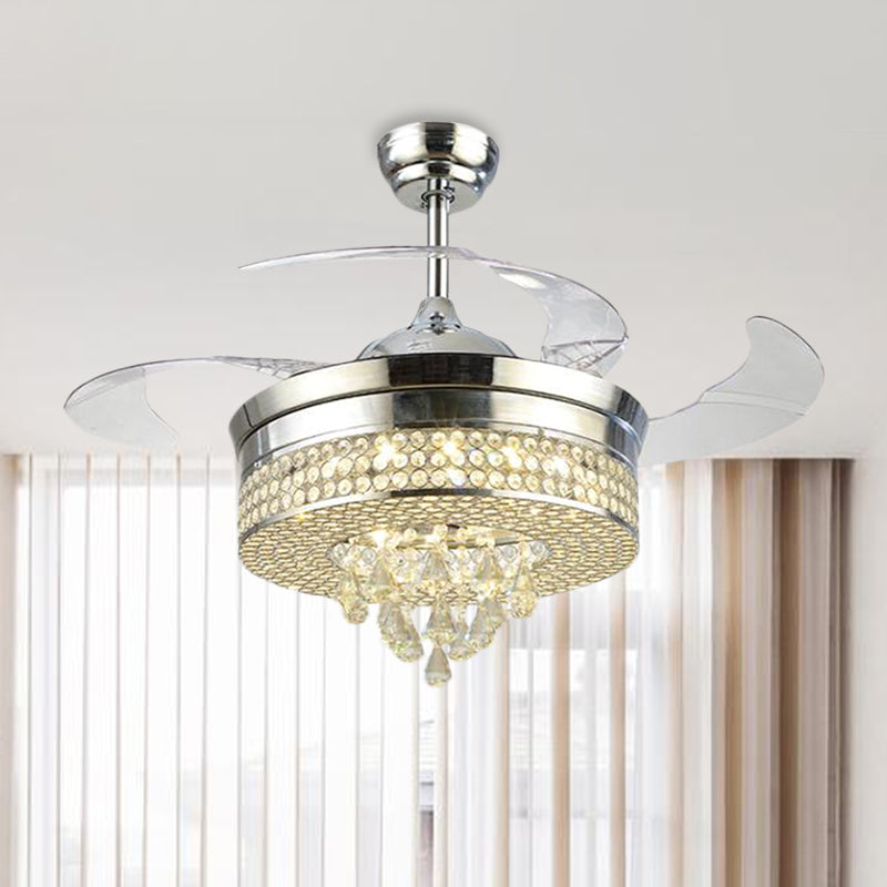 42.5" Wide Minimalist Round Fan Light 3-Blade LED Crystal Semi Flush Mount Ceiling Fixture with Cone Drops in Chrome Chrome Clearhalo 'Ceiling Fans with Lights' 'Ceiling Fans' 'Modern Ceiling Fans' 'Modern' Lighting' 917749