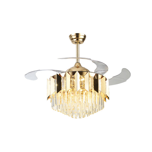 Layered Tri-Sided Crystal Rod Ceiling Fan Modern 3 Blades Living Room LED Semi Flush Light in Gold, 19" Width Clearhalo 'Ceiling Fans with Lights' 'Ceiling Fans' 'Modern Ceiling Fans' 'Modern' Lighting' 917755