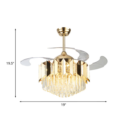 Layered Tri-Sided Crystal Rod Ceiling Fan Modern 3 Blades Living Room LED Semi Flush Light in Gold, 19" Width Clearhalo 'Ceiling Fans with Lights' 'Ceiling Fans' 'Modern Ceiling Fans' 'Modern' Lighting' 917756