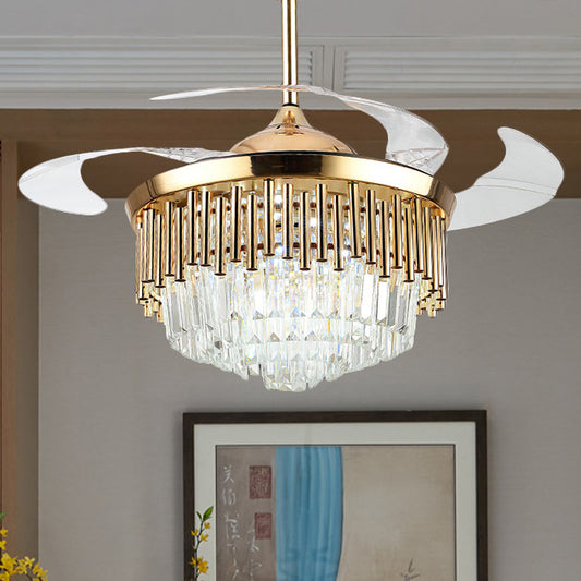Black/Gold Layered Drum Fan Lamp Postmodern Crystal 3-Blade Dining Room LED Semi Flush Light, 19" Wide Gold Clearhalo 'Ceiling Fans with Lights' 'Ceiling Fans' 'Modern Ceiling Fans' 'Modern' Lighting' 917769