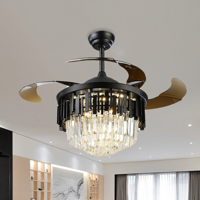 Black/Gold Layered Drum Fan Lamp Postmodern Crystal 3-Blade Dining Room LED Semi Flush Light, 19" Wide Clearhalo 'Ceiling Fans with Lights' 'Ceiling Fans' 'Modern Ceiling Fans' 'Modern' Lighting' 917774