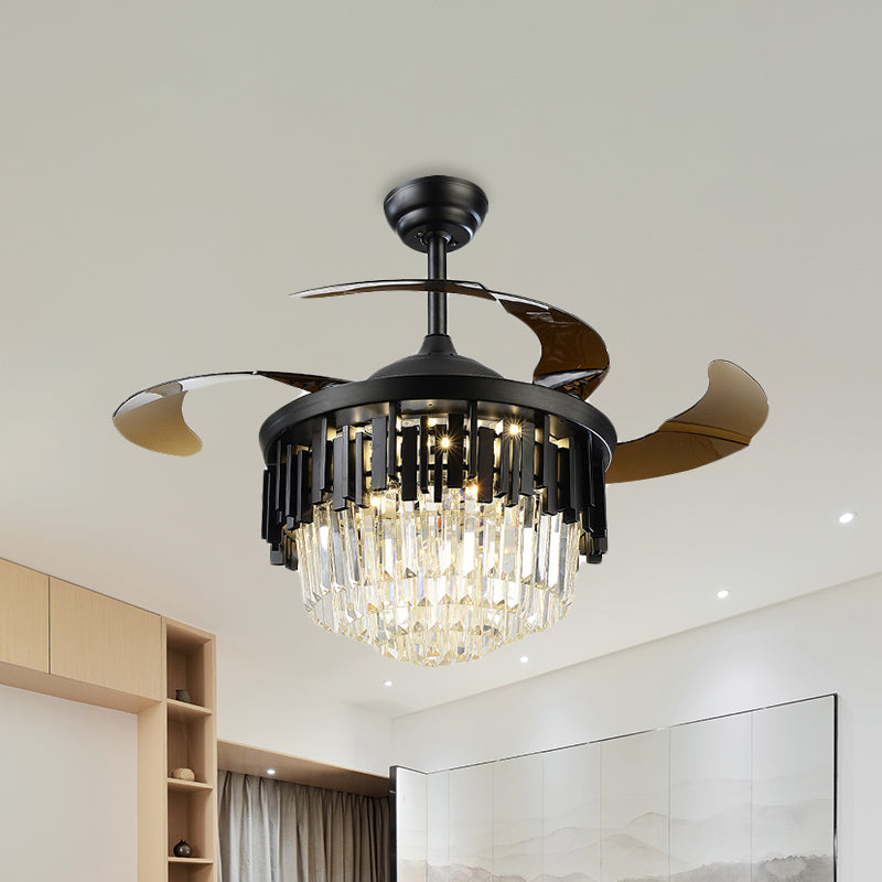Black/Gold Layered Drum Fan Lamp Postmodern Crystal 3-Blade Dining Room LED Semi Flush Light, 19" Wide Clearhalo 'Ceiling Fans with Lights' 'Ceiling Fans' 'Modern Ceiling Fans' 'Modern' Lighting' 917775