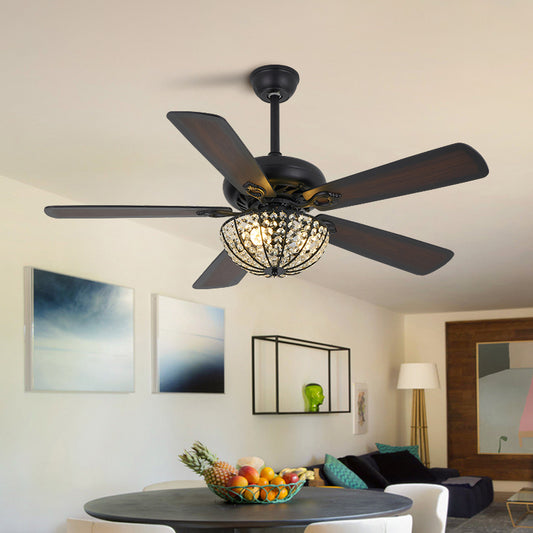 3 Bulbs Dome Semi Flush Mount Traditional Black Crystal 5 Blades Ceiling Fan Light, 41" Width Clearhalo 'Ceiling Fans with Lights' 'Ceiling Fans' Lighting' 917779