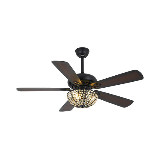 3 Bulbs Dome Semi Flush Mount Traditional Black Crystal 5 Blades Ceiling Fan Light, 41" Width Clearhalo 'Ceiling Fans with Lights' 'Ceiling Fans' Lighting' 917780