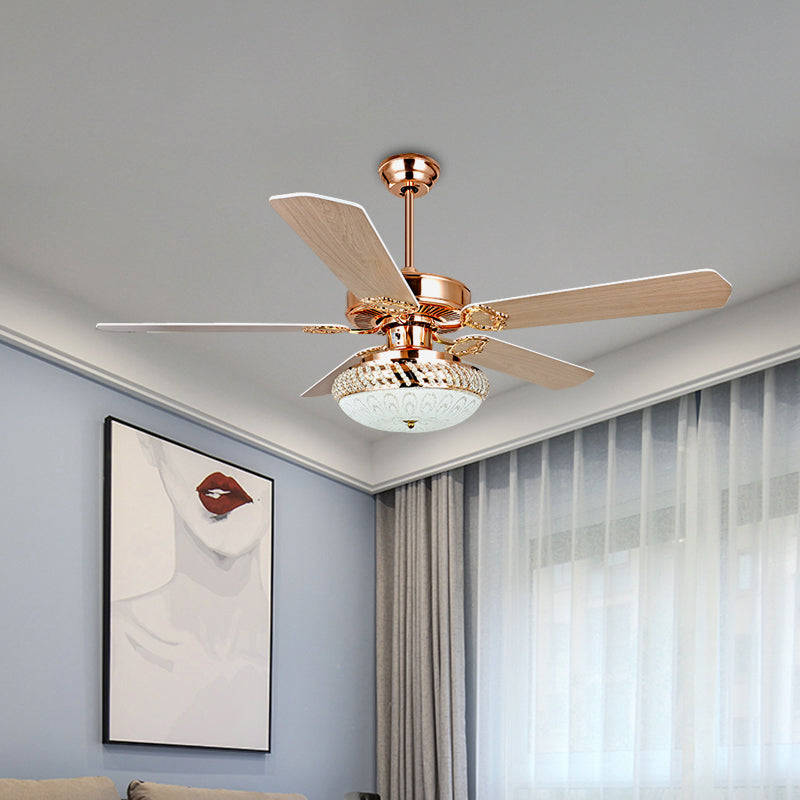 41" W Crystal Bowl Pendant Fan Light Post Modern LED 5-Blade Living Room Semi-Flush Mount in Rose Gold Clearhalo 'Ceiling Fans with Lights' 'Ceiling Fans' Lighting' 917783