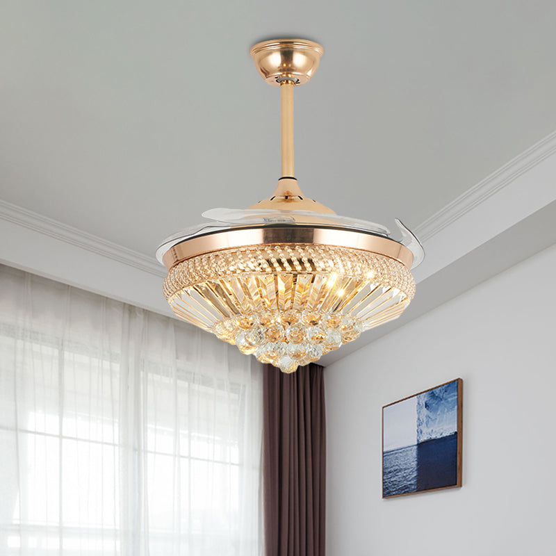 Modernism Conical Semi Mount Lighting Crystal LED 5 Blades Hanging Fan Lamp in Gold, 19.5" W Gold Clearhalo 'Ceiling Fans with Lights' 'Ceiling Fans' Lighting' 917786