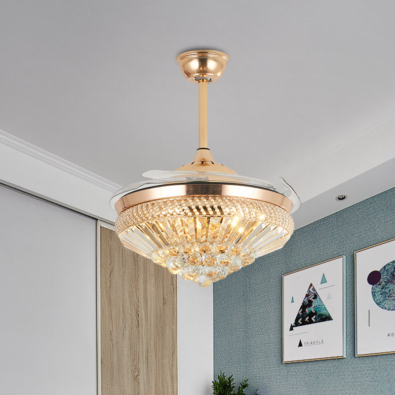 Modernism Conical Semi Mount Lighting Crystal LED 5 Blades Hanging Fan Lamp in Gold, 19.5" W Clearhalo 'Ceiling Fans with Lights' 'Ceiling Fans' Lighting' 917787