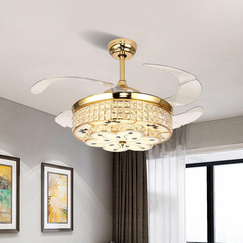 19" W Modern Drum Semi Flush Mount Light Fixture 4 Blades Crystal Ceiling Fan Lamp in Gold Clearhalo 'Ceiling Fans with Lights' 'Ceiling Fans' Lighting' 917791
