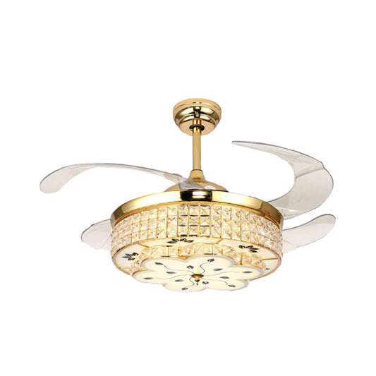 19" W Modern Drum Semi Flush Mount Light Fixture 4 Blades Crystal Ceiling Fan Lamp in Gold Clearhalo 'Ceiling Fans with Lights' 'Ceiling Fans' Lighting' 917792