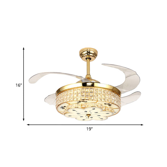 19" W Modern Drum Semi Flush Mount Light Fixture 4 Blades Crystal Ceiling Fan Lamp in Gold Clearhalo 'Ceiling Fans with Lights' 'Ceiling Fans' Lighting' 917793