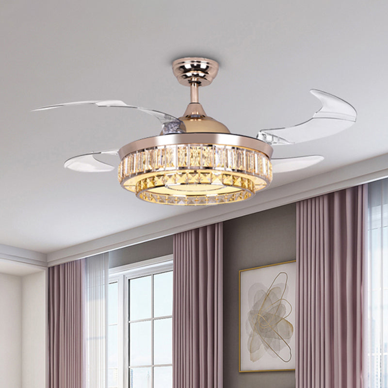 4 Blades Semi Flush with Drum Shade Crystal Contemporary Living Room Pendant Fan Lighting in Gold, 19.5" W Gold Clearhalo 'Ceiling Fans with Lights' 'Ceiling Fans' Lighting' 917794