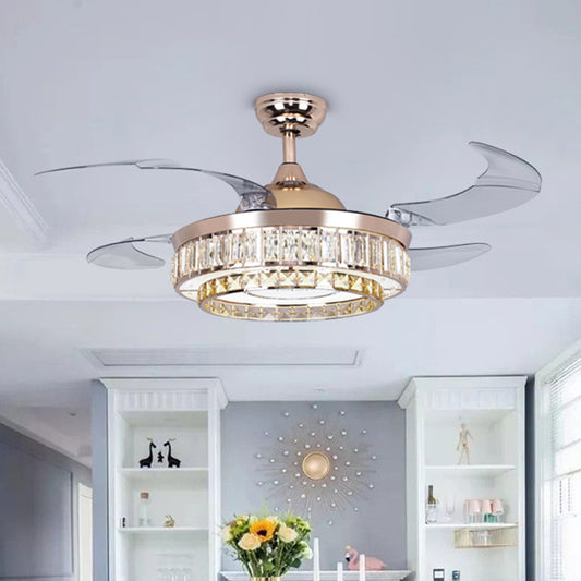 4 Blades Semi Flush with Drum Shade Crystal Contemporary Living Room Pendant Fan Lighting in Gold, 19.5" W Clearhalo 'Ceiling Fans with Lights' 'Ceiling Fans' Lighting' 917795