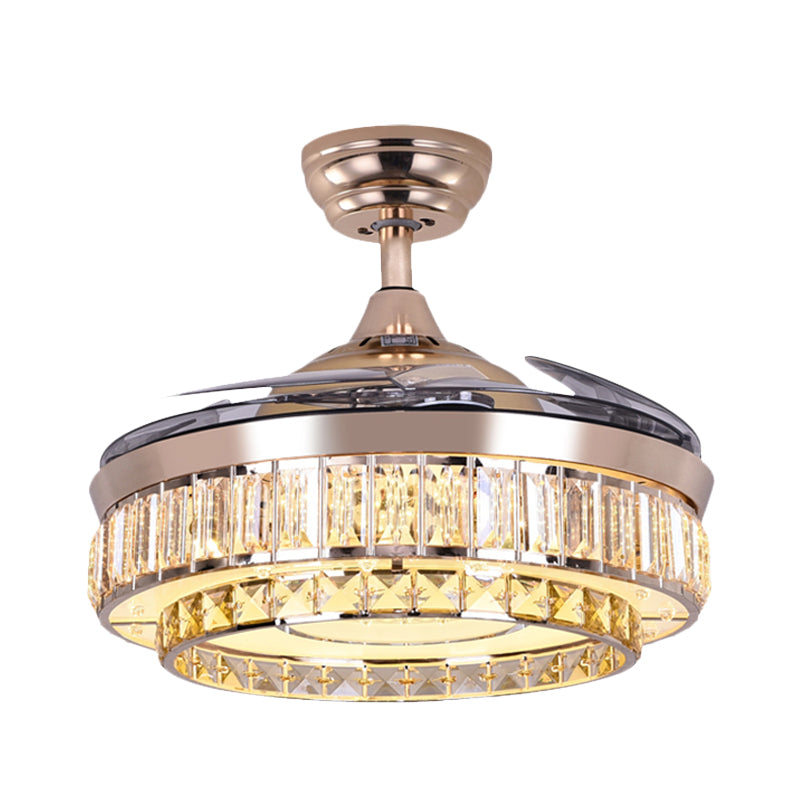 4 Blades Semi Flush with Drum Shade Crystal Contemporary Living Room Pendant Fan Lighting in Gold, 19.5" W Clearhalo 'Ceiling Fans with Lights' 'Ceiling Fans' Lighting' 917796