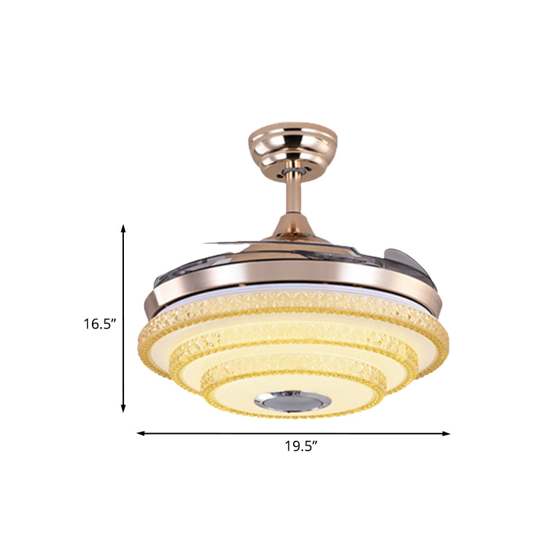 3-Layered Cone Semi-Flush Ceiling Light Modernism LED 4-Blade Crystal Hanging Fan Lamp in Gold, 19.5" Width Clearhalo 'Ceiling Fans with Lights' 'Ceiling Fans' Lighting' 917801