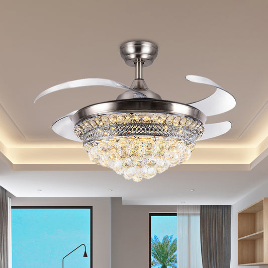 19.5" W LED 4-Blade Crystal Pendant Fan Lighting Modernist Silver Cone Living Room Semi Flush Silver Clearhalo 'Ceiling Fans with Lights' 'Ceiling Fans' Lighting' 917802