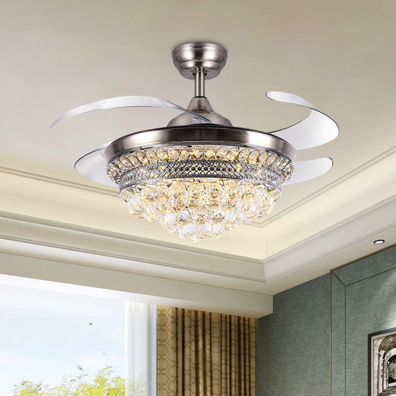 19.5" W LED 4-Blade Crystal Pendant Fan Lighting Modernist Silver Cone Living Room Semi Flush Clearhalo 'Ceiling Fans with Lights' 'Ceiling Fans' Lighting' 917803