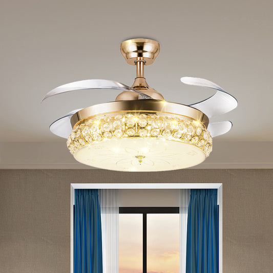 4 Blades Arch Hanging Fan Light Contemporary Gold Crystal Semi Flush Light, 19.5" W Gold Clearhalo 'Ceiling Fans with Lights' 'Ceiling Fans' Lighting' 917806