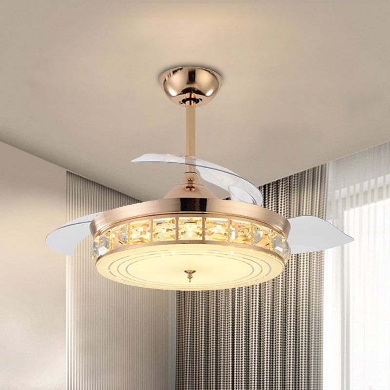 Drum Semi Flush Mount Light Modernist 19.5" W 4 Blades Crystal Ceiling Fan Lighting in Gold Clearhalo 'Ceiling Fans with Lights' 'Ceiling Fans' Lighting' 917812