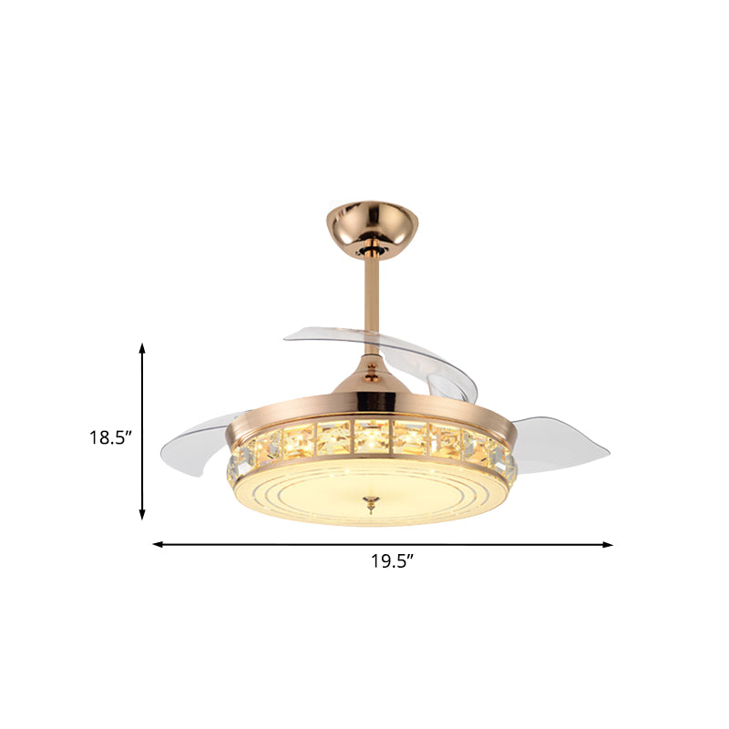 Drum Semi Flush Mount Light Modernist 19.5" W 4 Blades Crystal Ceiling Fan Lighting in Gold Clearhalo 'Ceiling Fans with Lights' 'Ceiling Fans' Lighting' 917814