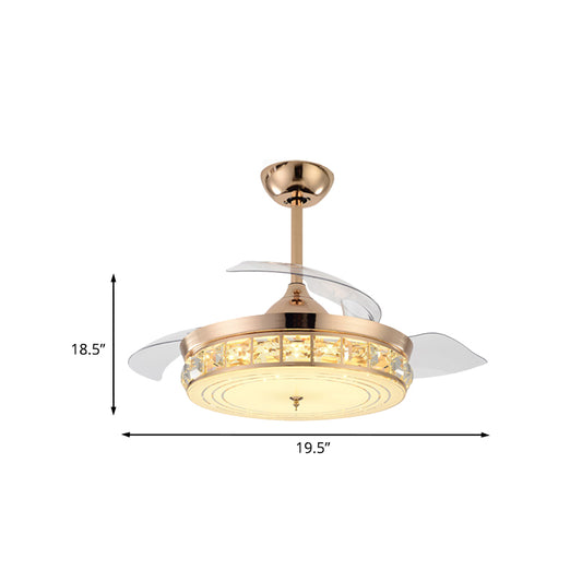 Drum Semi Flush Mount Light Modernist 19.5" W 4 Blades Crystal Ceiling Fan Lighting in Gold Clearhalo 'Ceiling Fans with Lights' 'Ceiling Fans' Lighting' 917814