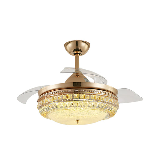 4 Blades Inserted Glass Hanging Fan Lamp Contemporary Gold Drum Living Room Semi Flush Mount Lighting, 19.5" Width Clearhalo 'Ceiling Fans with Lights' 'Ceiling Fans' Lighting' 917817