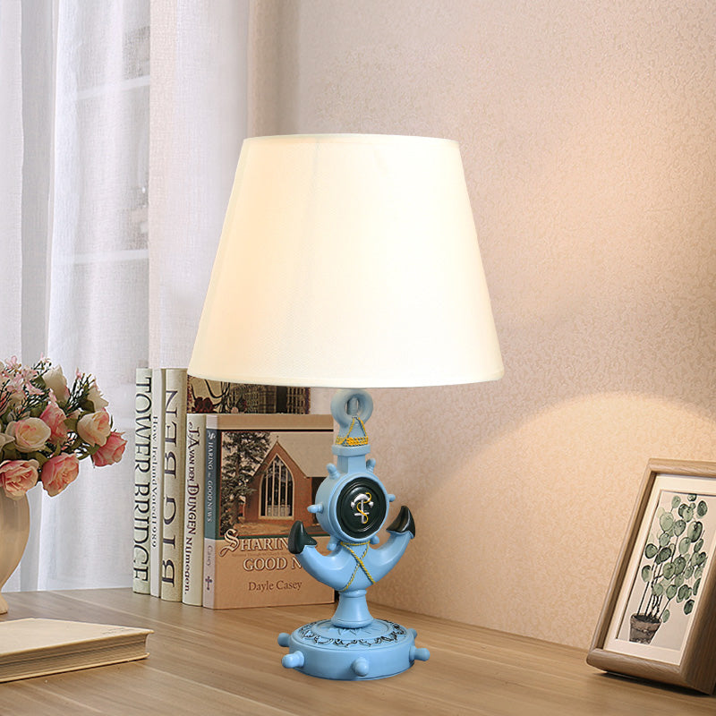 Anchor Shape Resin Night Table Light Mediterranean 1 Bulb Light Blue Desk Lamp with Barrel White Fabric Shade Light Blue Clearhalo 'Lamps' 'Table Lamps' Lighting' 917863