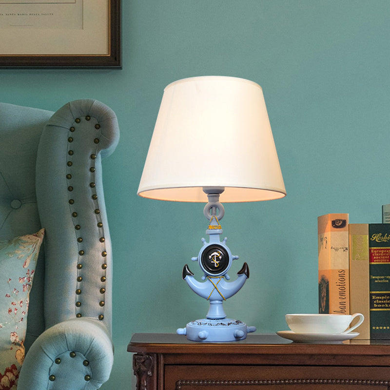 Anchor Shape Resin Night Table Light Mediterranean 1 Bulb Light Blue Desk Lamp with Barrel White Fabric Shade Clearhalo 'Lamps' 'Table Lamps' Lighting' 917864