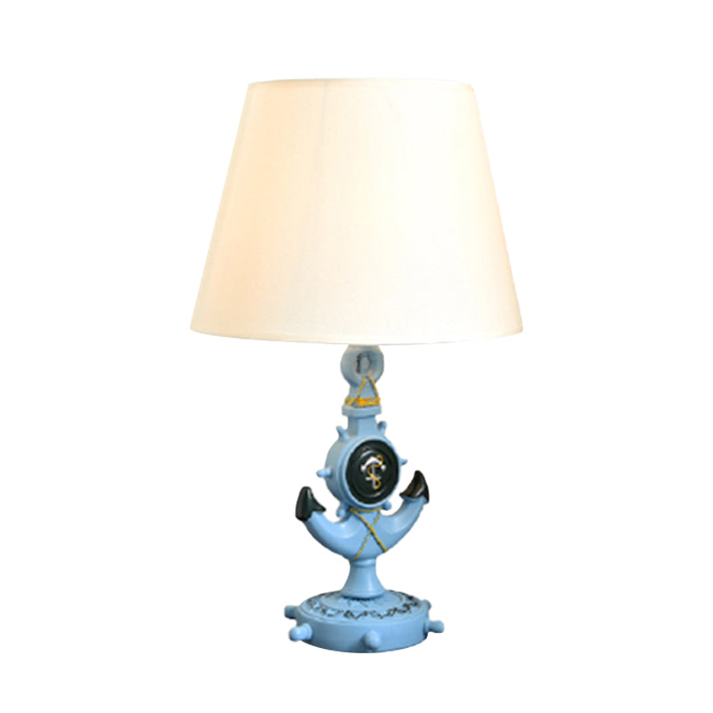 Anchor Shape Resin Night Table Light Mediterranean 1 Bulb Light Blue Desk Lamp with Barrel White Fabric Shade Clearhalo 'Lamps' 'Table Lamps' Lighting' 917865
