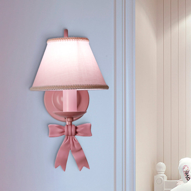 1/2-Light Bedroom Wall Mounted Light Macaron Pink Finish Bow Wall Lamp with Conic Fabric Shade 1.0 Pink Clearhalo 'Wall Lamps & Sconces' 'Wall Lights' Lighting' 917903