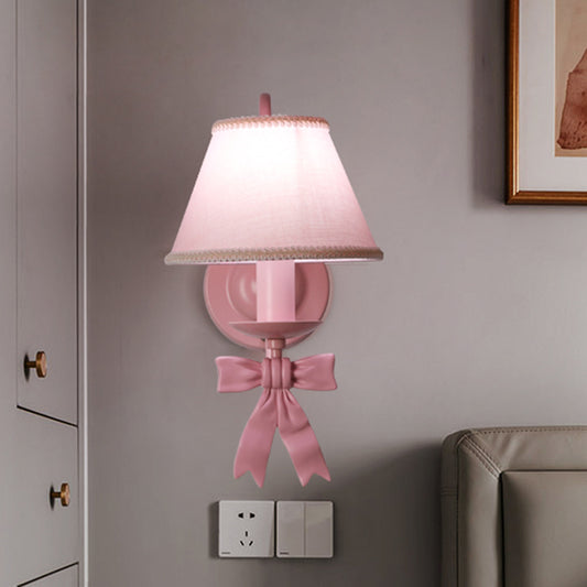 1/2-Light Bedroom Wall Mounted Light Macaron Pink Finish Bow Wall Lamp with Conic Fabric Shade Clearhalo 'Wall Lamps & Sconces' 'Wall Lights' Lighting' 917904