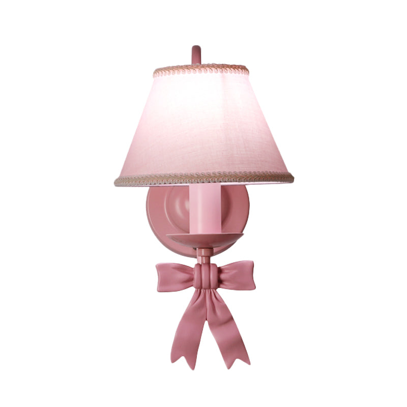 1/2-Light Bedroom Wall Mounted Light Macaron Pink Finish Bow Wall Lamp with Conic Fabric Shade Clearhalo 'Wall Lamps & Sconces' 'Wall Lights' Lighting' 917905