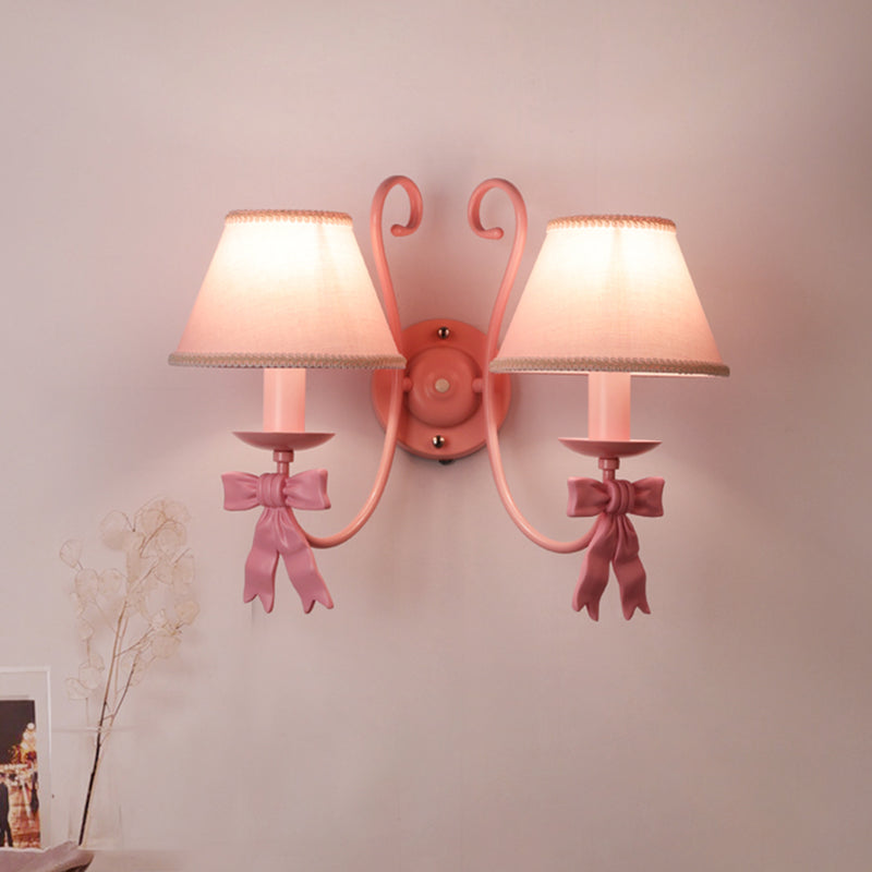 1/2-Light Bedroom Wall Mounted Light Macaron Pink Finish Bow Wall Lamp with Conic Fabric Shade 2.0 Pink Clearhalo 'Wall Lamps & Sconces' 'Wall Lights' Lighting' 917907