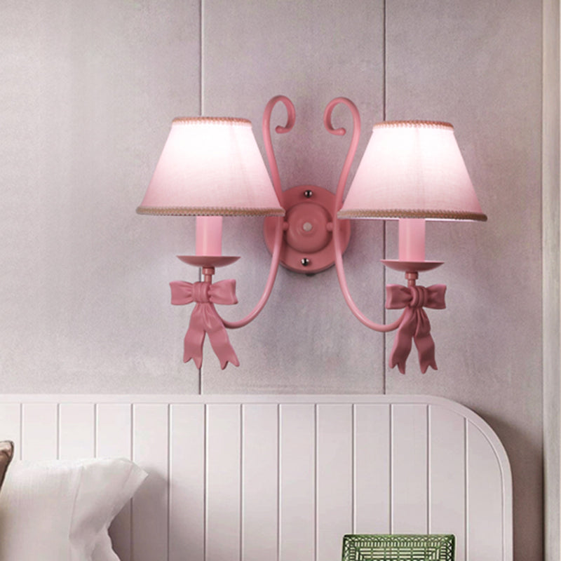 1/2-Light Bedroom Wall Mounted Light Macaron Pink Finish Bow Wall Lamp with Conic Fabric Shade Clearhalo 'Wall Lamps & Sconces' 'Wall Lights' Lighting' 917908