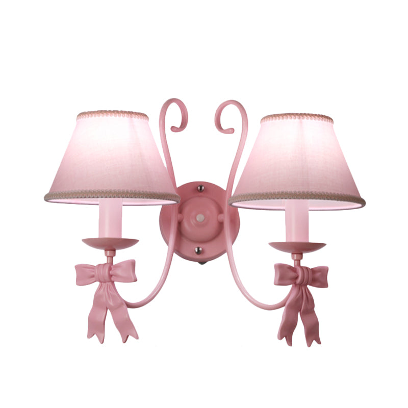 1/2-Light Bedroom Wall Mounted Light Macaron Pink Finish Bow Wall Lamp with Conic Fabric Shade Clearhalo 'Wall Lamps & Sconces' 'Wall Lights' Lighting' 917909