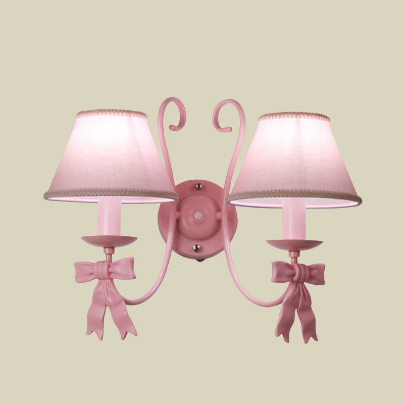 1/2-Light Bedroom Wall Mounted Light Macaron Pink Finish Bow Wall Lamp with Conic Fabric Shade Clearhalo 'Wall Lamps & Sconces' 'Wall Lights' Lighting' 917910