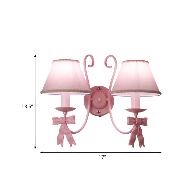 1/2-Light Bedroom Wall Mounted Light Macaron Pink Finish Bow Wall Lamp with Conic Fabric Shade Clearhalo 'Wall Lamps & Sconces' 'Wall Lights' Lighting' 917911