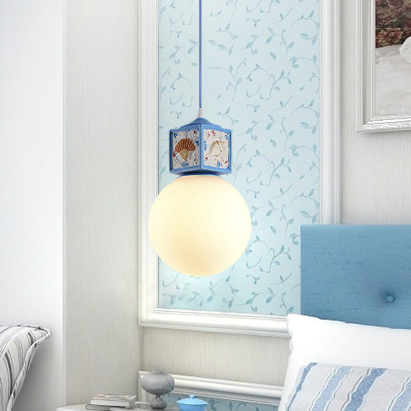 Orb Opal Glass Hanging Light Nordic 1 Head Sky/Water Blue Cube Ceiling Pendant Lamp for Kids Bedside Clearhalo 'Ceiling Lights' 'Close To Ceiling Lights' 'Glass shade' 'Glass' 'Pendant Lights' 'Pendants' Lighting' 917971