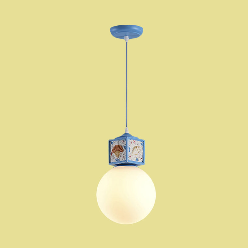 Orb Opal Glass Hanging Light Nordic 1 Head Sky/Water Blue Cube Ceiling Pendant Lamp for Kids Bedside Clearhalo 'Ceiling Lights' 'Close To Ceiling Lights' 'Glass shade' 'Glass' 'Pendant Lights' 'Pendants' Lighting' 917973