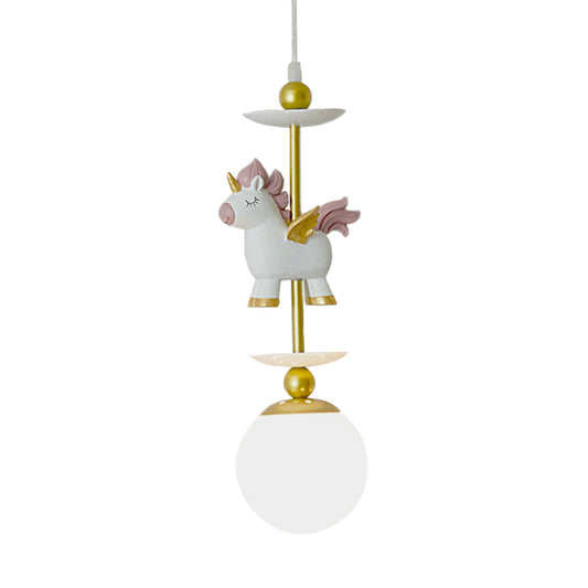 1-Light Bedside Pendant Lighting Cartoon Gold Unicorn Hanging Lamp with Sphere White Glass Shade Clearhalo 'Ceiling Lights' 'Glass shade' 'Glass' 'Pendant Lights' 'Pendants' Lighting' 917976