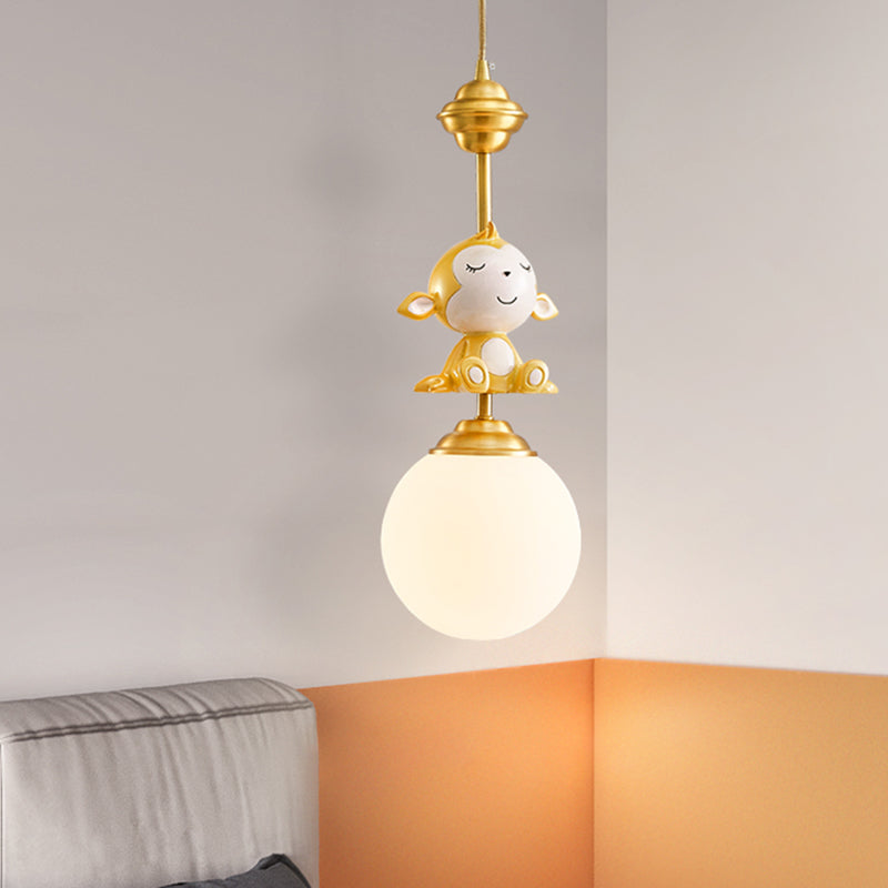 Gold Finish Monkey Pendulum Lamp Cartoon 1 Bulb Resin Suspension Light with Ball Frosted Glass Shade Gold Clearhalo 'Ceiling Lights' 'Glass shade' 'Glass' 'Pendant Lights' 'Pendants' Lighting' 917978