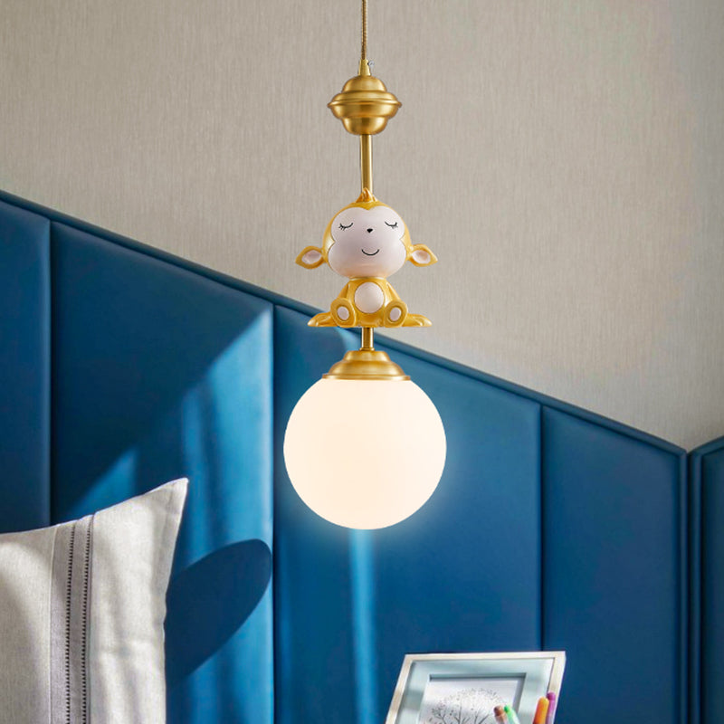 Gold Finish Monkey Pendulum Lamp Cartoon 1 Bulb Resin Suspension Light with Ball Frosted Glass Shade Clearhalo 'Ceiling Lights' 'Glass shade' 'Glass' 'Pendant Lights' 'Pendants' Lighting' 917979