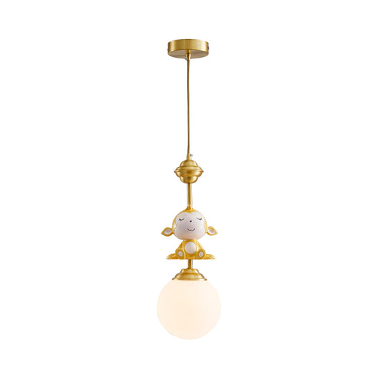 Gold Finish Monkey Pendulum Lamp Cartoon 1 Bulb Resin Suspension Light with Ball Frosted Glass Shade Clearhalo 'Ceiling Lights' 'Glass shade' 'Glass' 'Pendant Lights' 'Pendants' Lighting' 917980
