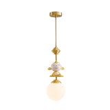 Gold Finish Monkey Pendulum Lamp Cartoon 1 Bulb Resin Suspension Light with Ball Frosted Glass Shade Clearhalo 'Ceiling Lights' 'Glass shade' 'Glass' 'Pendant Lights' 'Pendants' Lighting' 917980
