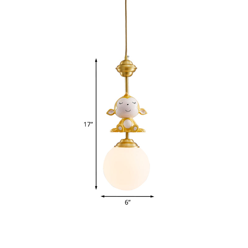 Gold Finish Monkey Pendulum Lamp Cartoon 1 Bulb Resin Suspension Light with Ball Frosted Glass Shade Clearhalo 'Ceiling Lights' 'Glass shade' 'Glass' 'Pendant Lights' 'Pendants' Lighting' 917981
