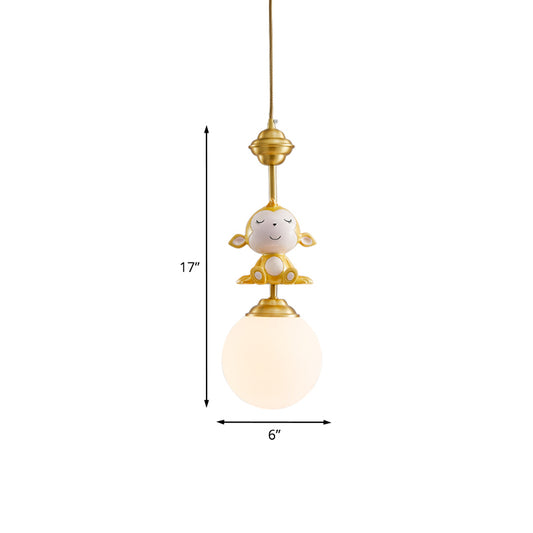 Gold Finish Monkey Pendulum Lamp Cartoon 1 Bulb Resin Suspension Light with Ball Frosted Glass Shade Clearhalo 'Ceiling Lights' 'Glass shade' 'Glass' 'Pendant Lights' 'Pendants' Lighting' 917981