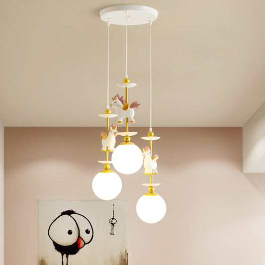 3 Lights Bedroom Multi Light Pendant Cartoon White Unicorn Pendulum Lamp with Global Milk Glass Shade White Clearhalo 'Ceiling Lights' 'Chandeliers' 'Glass shade' 'Glass' 'Pendant Lights' 'Pendants' Lighting' 918012