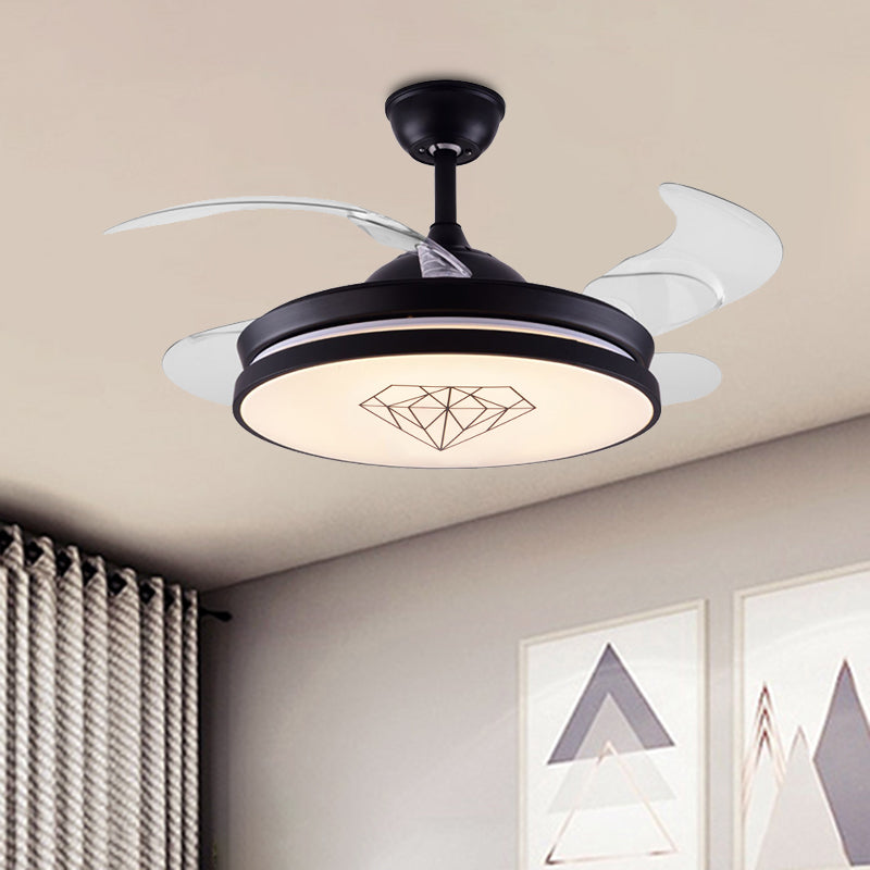 4 Blades Metal Round Hanging Fan Light Nordic LED Black Semi-Flush Ceiling Lamp with Diamond Pattern, 16" W Black Clearhalo 'Ceiling Fans with Lights' 'Ceiling Fans' 'Kids Ceiling Fans' 'Kids' Lighting' 918016